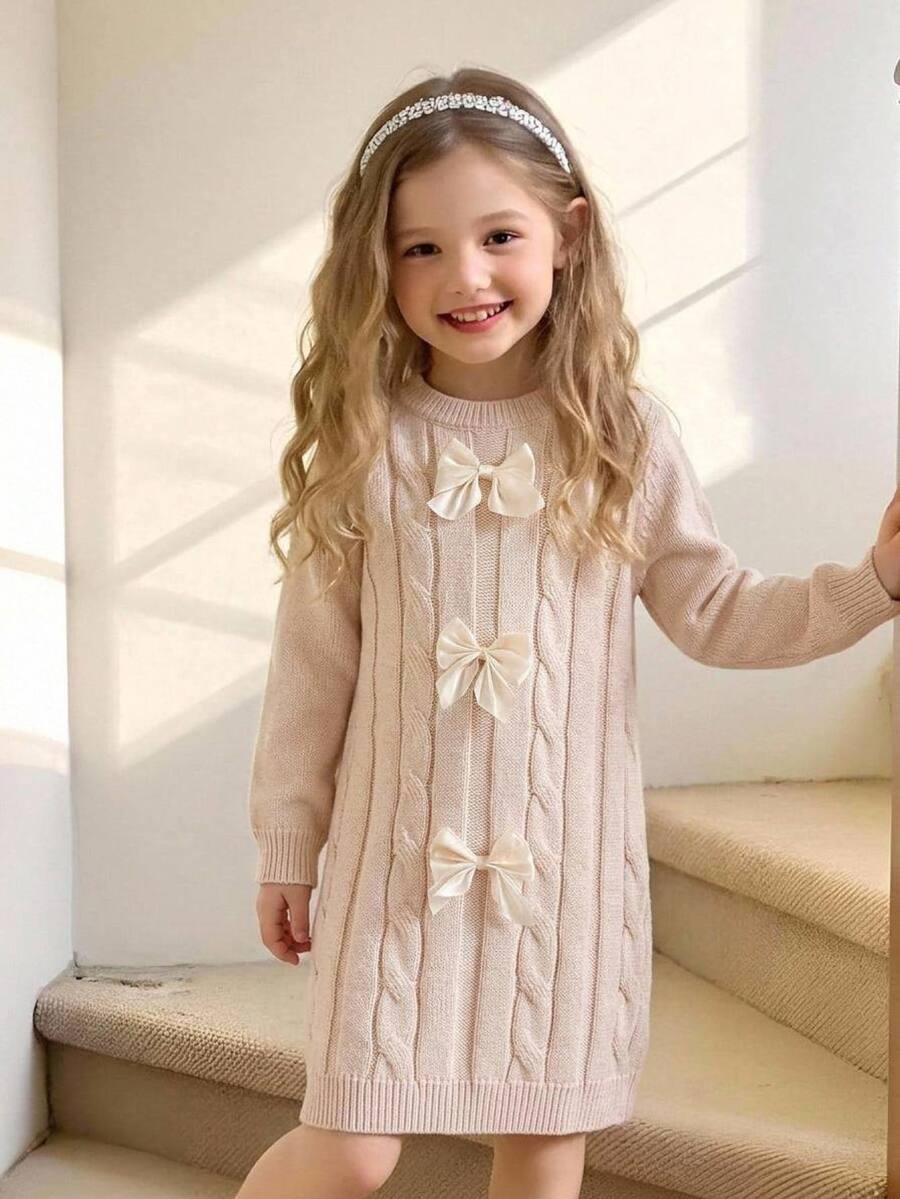 Young Girl Bowknot Decor Round Neck Casual Daily Knit Dress Autumn Fall - Yellow - View 1