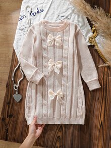 Young Girl Bowknot Decor Round Neck Casual Daily Knit Dress Autumn Fall - Yellow - View 8