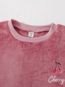 青少年女孩秋冬加厚抓絨睡衣套裝，甜美可愛櫻桃刺繡圓領長袖上衣，抓絨內裡加厚，正式舞會粉色 - 彩色 - 查看 9
