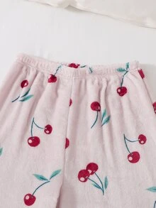 青少年女孩秋冬加厚抓絨睡衣套裝，甜美可愛櫻桃刺繡圓領長袖上衣，抓絨內裡加厚，正式舞會粉色 - 彩色 - 查看 6