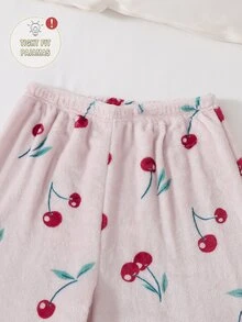 青少年女孩秋冬加厚抓絨睡衣套裝，甜美可愛櫻桃刺繡圓領長袖上衣，抓絨內裡加厚，正式舞會粉色 - 彩色 - 查看 8
