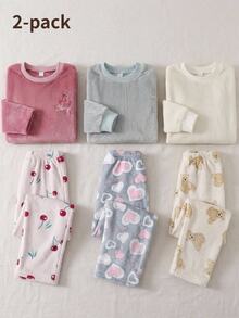 青少年女孩秋冬加厚抓絨睡衣套裝，甜美可愛櫻桃刺繡圓領長袖上衣，抓絨內裡加厚，正式舞會粉色 - 彩色 - 查看 1