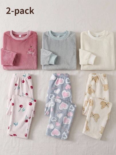 Set Piyama Fleece Tebal Musim Gugur/Dingin untuk Remaja Perempuan, Atasan Lengan Panjang Leher Bulat Bordir Cherry yang Manis dan Lucu, Berlapis Fleece dan Tebal, Formal Prom Warna Pink