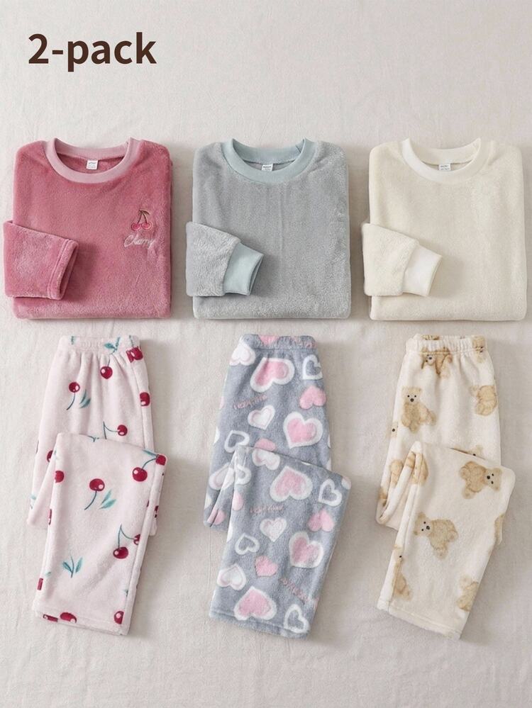 Teen Girls Autumn/Winter Thick Fleece Pajama Set, Sweet Cute Cherry Embroidery Round Neck Long Sleeve Top Fleece-Lined And Thickened Formal Prom Pink - Multicolor - View 1