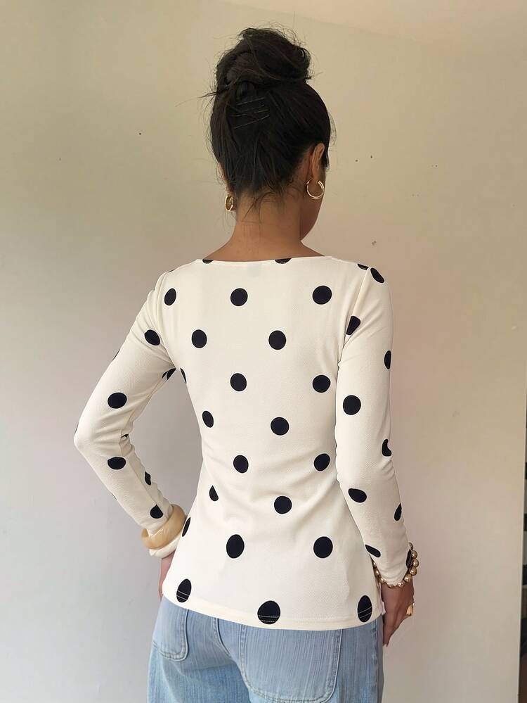 Siren Gaze Women's New Autumn/Winter Polka Dot Long Sleeve T-Shirt - White - View 2