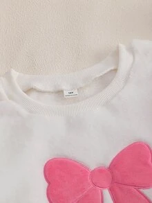 女童 2 件組睡衣套裝，秋冬款，粉紅色，可愛精緻，法蘭絨抓毛布，長袖上衣附蝴蝶結，加厚內刷毛 - 白色 - 查看 8