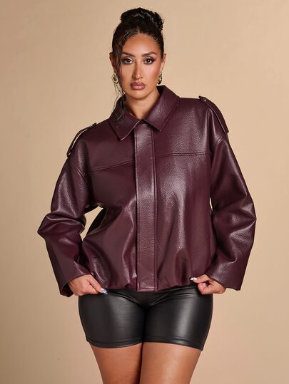 SHEIN BAE CURVE جاكيت كاجوال كارغو من الجلد الصناعي باللون البرغندي للنساء مقاس كبير، بأكمام طويلة وتصميم بياقة وتفاصيل فتحة أمامية، مناسب للخريف والمناسبات الرسمية والخروج والمكتب