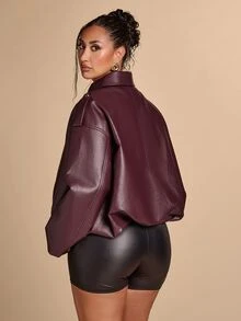 SHEIN BAE CURVE Plus Size Women's Cargo Casual Baggy Streetwear Maroon Faux Leather Jacket Long Sleeve Collared Design Front Placket Detail Fall Formal Party Office - Burgundy - View 2
