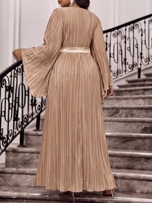 Fleurora Plus Size Women's Round Neck Long Sleeve Pleated Design Elegant Dress Fall - Khaki - View 3