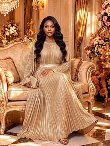 Fleurora Plus Size Women's Round Neck Long Sleeve Pleated Design Elegant Dress Fall - Khaki - View 2