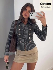 Siren Gaze Herbst Neu Napoleon Stil Lässig Hemd Für Frauen Büro Business Hellgrau - Schwarz - Übersicht 2