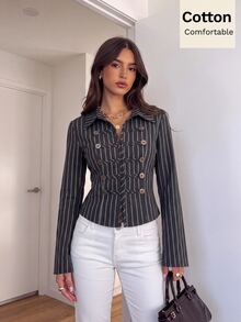 Siren Gaze Herbst Neu Napoleon Stil Lässig Hemd Für Frauen Büro Business Hellgrau - Schwarz - Übersicht 9