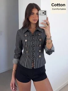 Siren Gaze Herbst Neu Napoleon Stil Lässig Hemd Für Frauen Büro Business Hellgrau - Schwarz - Übersicht 4