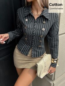 Siren Gaze Herbst Neu Napoleon Stil Lässig Hemd Für Frauen Büro Business Hellgrau - Schwarz - Übersicht 8