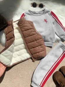 SHEIN 3pcs Baby Boy Cute Autumn/Winter Versatile Deep Blue Fleece Lined Thick Vest Jacket, Grey Long Sleeve Sweatshirt, Long Pants Set, 3-Piece Outfit, Jacket Set, Infant Set, Autumn/Winter Set, Sweatshirt Set, Sports Set - Multicolor - View 6