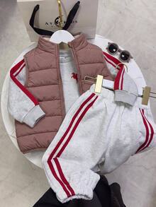 SHEIN 3pcs Baby Boy Cute Autumn/Winter Versatile Deep Blue Fleece Lined Thick Vest Jacket, Grey Long Sleeve Sweatshirt, Long Pants Set, 3-Piece Outfit, Jacket Set, Infant Set, Autumn/Winter Set, Sweatshirt Set, Sports Set - Multicolor - View 1