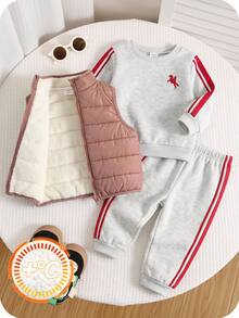 SHEIN 3pcs Baby Boy Cute Autumn/Winter Versatile Deep Blue Fleece Lined Thick Vest Jacket, Grey Long Sleeve Sweatshirt, Long Pants Set, 3-Piece Outfit, Jacket Set, Infant Set, Autumn/Winter Set, Sweatshirt Set, Sports Set - Multicolor - View 4