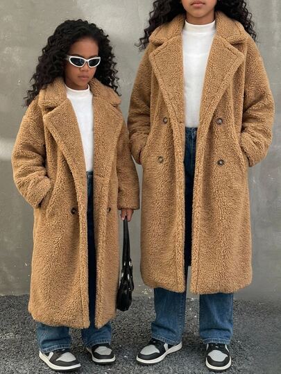 SHEIN Tween Girl Autumn/Winter Thermal Lined Thick Coral Thermal Lapel Collar Long Loose Coat