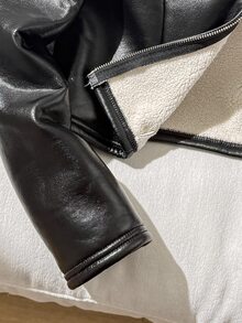 SHEIN 青少年女孩秋冬保暖內裡加厚PU毛領立領金屬拉鍊前開夾克 時尚街頭風女款外套 - 黑色 - 查看 4