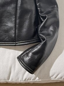 SHEIN 青少年女孩秋冬保暖內裡加厚PU毛領立領金屬拉鍊前開夾克 時尚街頭風女款外套 - 黑色 - 查看 6