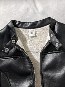 SHEIN 青少年女孩秋冬保暖內裡加厚PU毛領立領金屬拉鍊前開夾克 時尚街頭風女款外套 - 黑色 - 查看 5