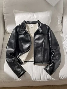 SHEIN 青少年女孩秋冬保暖內裡加厚PU毛領立領金屬拉鍊前開夾克 時尚街頭風女款外套 - 黑色 - 查看 3