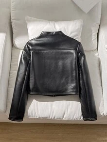 SHEIN 青少年女孩秋冬保暖內裡加厚PU毛領立領金屬拉鍊前開夾克 時尚街頭風女款外套 - 黑色 - 查看 2