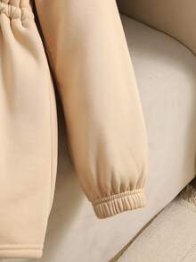 SHEIN Jaket Fleece dengan Tali Serut di Pinggang dan Resleting untuk Anak Perempuan Remaja - Khaki - View 7