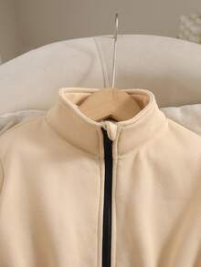 SHEIN Jaket Fleece dengan Tali Serut di Pinggang dan Resleting untuk Anak Perempuan Remaja - Khaki - View 5