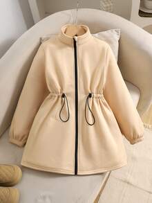 SHEIN Jaket Fleece dengan Tali Serut di Pinggang dan Resleting untuk Anak Perempuan Remaja - Khaki - View 6