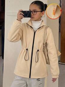 SHEIN Jaket Fleece dengan Tali Serut di Pinggang dan Resleting untuk Anak Perempuan Remaja - Khaki - View 8