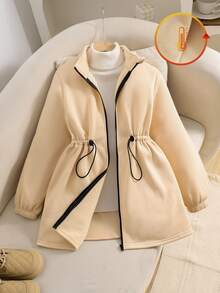 SHEIN Jaket Fleece dengan Tali Serut di Pinggang dan Resleting untuk Anak Perempuan Remaja - Khaki - View 3