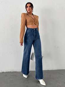 EURMUSE High Waisted Straight Leg Jeans - Navy Blue - View 4