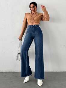 EURMUSE High Waisted Straight Leg Jeans - Navy Blue - View 3
