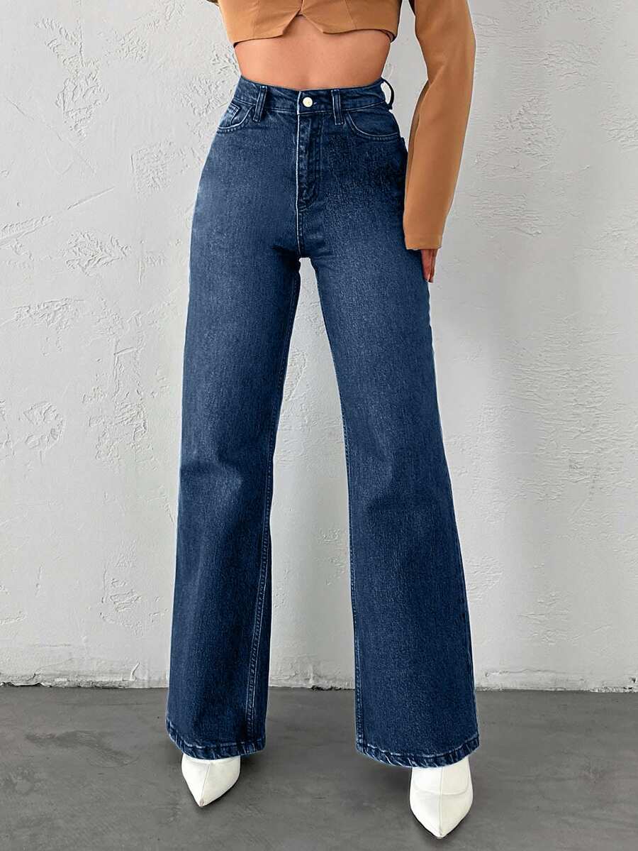 EURMUSE High Waisted Straight Leg Jeans - Navy Blue - View 1