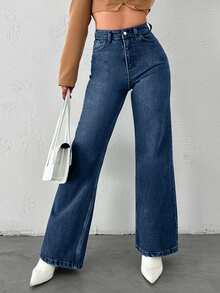 EURMUSE High Waisted Straight Leg Jeans - Navy Blue - View 5