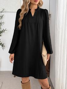 EMERY ROSE Women's Solid Color V-Neck Lantern Sleeve Loose Short Dress Office Brunch Black Autumn Elegant Casual Fall Dresses For Women - Black - View 5