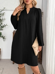 EMERY ROSE Women's Solid Color V-Neck Lantern Sleeve Loose Short Dress Office Brunch Black Autumn Elegant Casual Fall Dresses For Women - Black - View 1