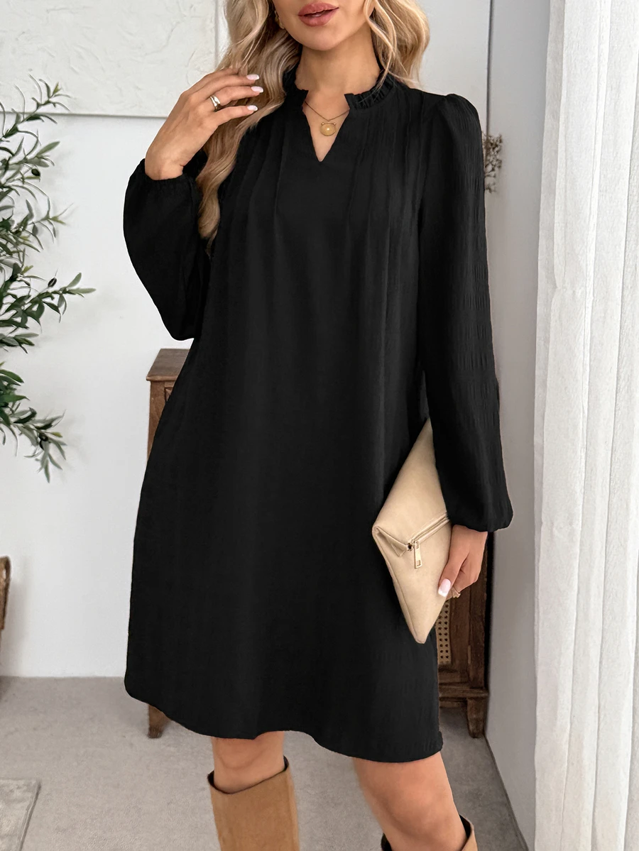 EMERY ROSE Women's Solid Color V-Neck Lantern Sleeve Loose Short Dress Office Brunch Black Autumn Elegant Casual Fall Dresses For Women - Black - View 1