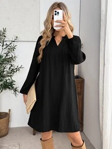 EMERY ROSE Women's Solid Color V-Neck Lantern Sleeve Loose Short Dress Office Brunch Black Autumn Elegant Casual Fall Dresses For Women - Black - View 4