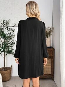 EMERY ROSE Women's Solid Color V-Neck Lantern Sleeve Loose Short Dress Office Brunch Black Autumn Elegant Casual Fall Dresses For Women - Black - View 2
