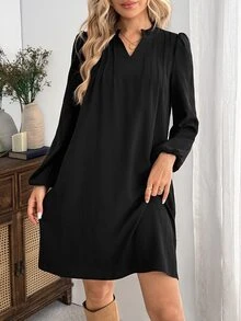 EMERY ROSE Women's Solid Color V-Neck Lantern Sleeve Loose Short Dress Office Brunch Black Autumn Elegant Casual Fall Dresses For Women - Black - View 3