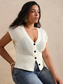 SHEIN LUNE CURVE Commuter Style Button-Down Slimming Short V-Neck Hollow Knit Vest - Apricot - View 3