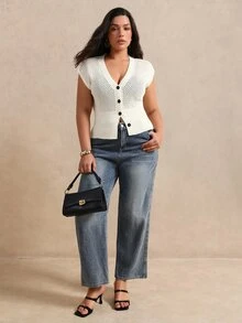 SHEIN LUNE CURVE Commuter Style Button-Down Slimming Short V-Neck Hollow Knit Vest - Apricot - View 7