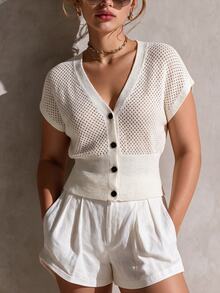 SHEIN LUNE CURVE Commuter Style Button-Down Slimming Short V-Neck Hollow Knit Vest - Apricot - View 1