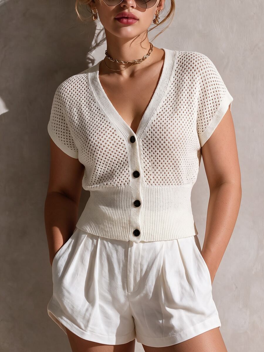 SHEIN LUNE CURVE Commuter Style Button-Down Slimming Short V-Neck Hollow Knit Vest - Apricot - View 1