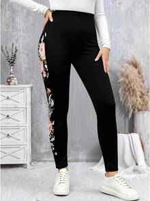 EMERY ROSE Plus Size Women's Printed Patchwork Leggings, Tight-Fitting Pants,Spring Black - Black - View 2