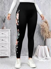 EMERY ROSE Plus Size Women's Printed Patchwork Leggings, Tight-Fitting Pants,Spring Black - Black - View 3