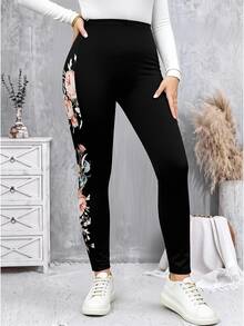 EMERY ROSE Plus Size Women's Printed Patchwork Leggings, Tight-Fitting Pants,Spring Black - Black - View 4