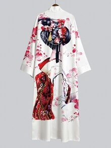 Irokai 紅粉漸層櫻花藝伎美圖寬袖和服罩衫，繫腰浴袍，日式浴衣度假旅行款 - 彩色 - 查看 4